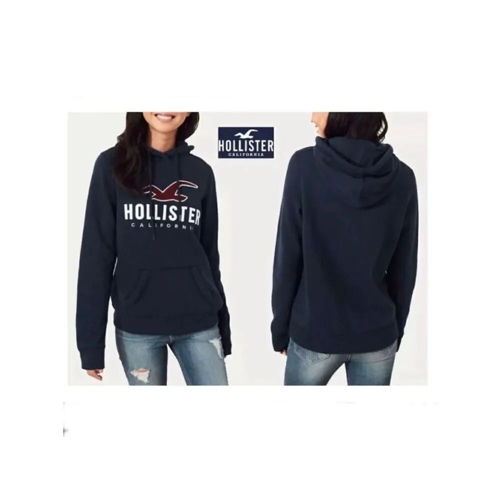 NWT Hollister Sz S Navy Blue Fleece Hoodie Pullover Sweatshirt Applique Logo New